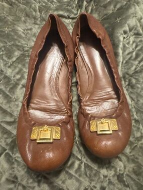 Tory Burch Brown Leather Ballet Flats with Gold Logo Plaque